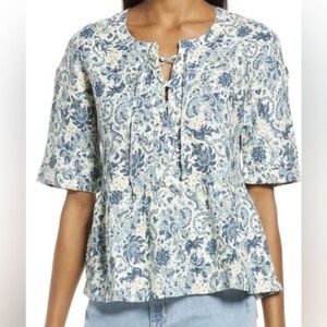 Faherty Salinas Linen Teal Blue Floral Lace Up Tie Front Shirt Women's Size M